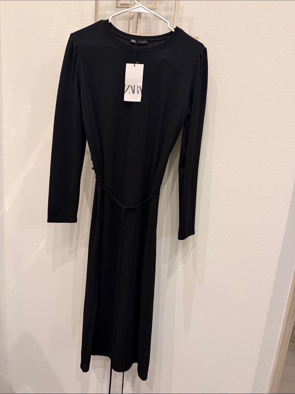 Zara Black Long-Sleeve Tie-Waist Midi Dress